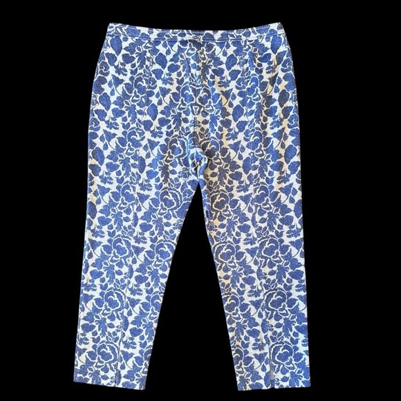 ST. JOHN Blue Floral Knit Metallic Shimmer Ankle Pant Size 16 - Picture 2 of 8